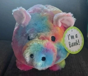 Jumbo Plush PIGGY BANK Fab Tie Dye Rainbow Colors Hug Me & Fill Me Pig - Picture 1 of 5