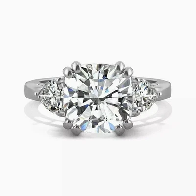 3CT VVS1 Cushion Cut 3 Stone Moissanite Engagement Ring 14K White Gold Plated - Image 1 of 4
