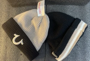 True Religion Beanie 2 Pack Set Black & Brown Y2K Horseshoe Logo & Spell out NWT - Picture 1 of 8
