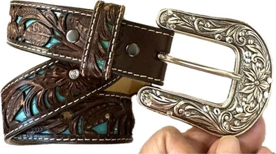 "Cinturón de cuero Ariat Western para mujer pedrería turquesa incrustación marrón 30"" usado en excelente estado" Foto 1 de 4