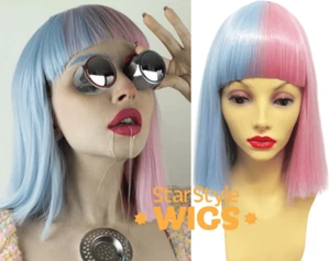 DELUXE HALB PASTELLBLAU HALB HELLROSA SPLIT DYE FARBE KURZE BOB PERÜCKE MIT PONY - Bild 1 von 6