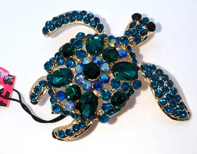 Dulce y brillante! Broche tortuga cristal Betsey Johnson azul verde y AB regalo en caja Foto 1 de 4