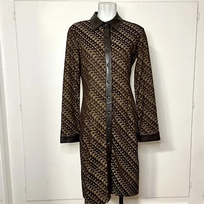 复古 90 年代/Y2K Sharagano Paris 棕色按扣领长袖连衣裙  — 第 1/4 张图片