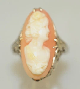 ANTIQUE VICTORIAN 14K WHITE GOLD OVAL SHELL CAMEO FILIGREE RING SIZE 5.75 - Picture 1 of 4
