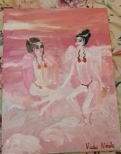 Oil Painting By Vicki Neale Of Two Angels In Pink Sky - Picture 1 of 3