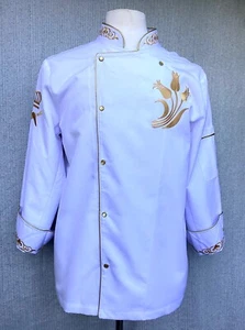 UNISEX WHITE+GOLD CHEF COOK JACKET COAT SHIRT TOP Kitchen Restaurant Uniform XLg - Picture 1 of 12