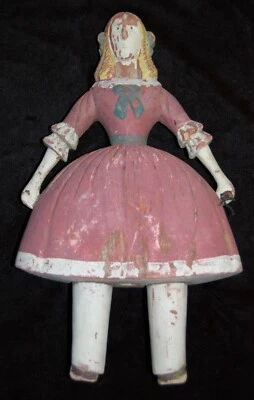 Antique Hand Carved Primitive Folk Art Sculpture Girl Pink Dress 17" Painted #49 - Image 1 of 4