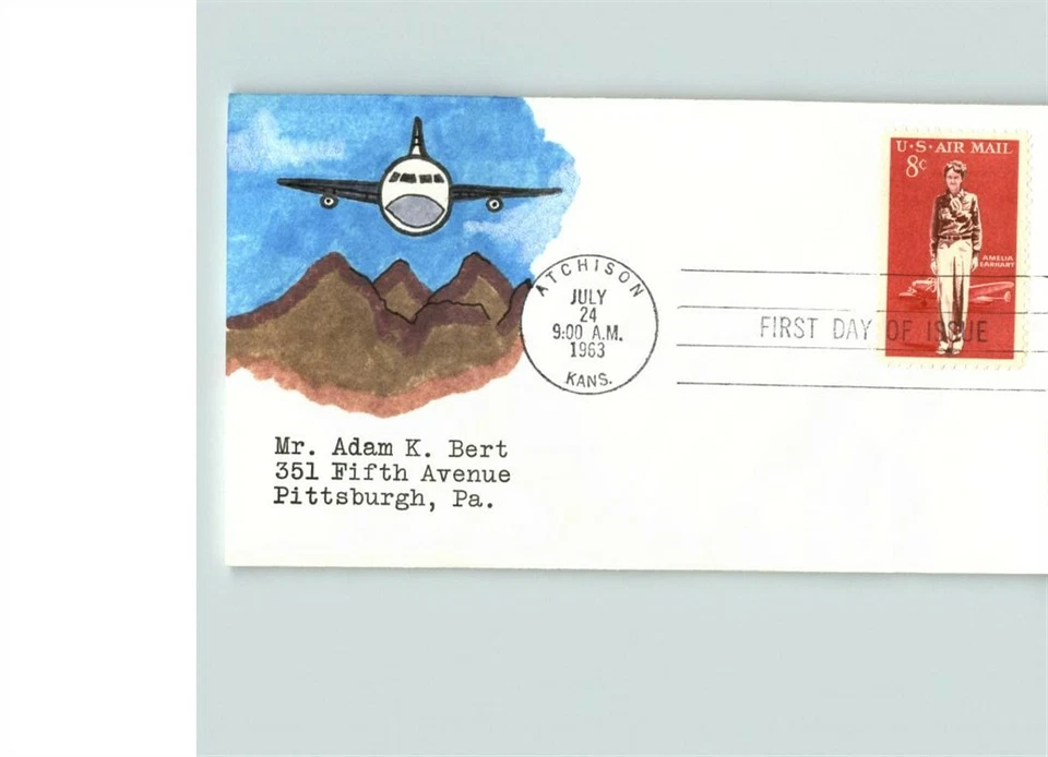 C-68 Airmail, AMELIA EARHART Hand Painted First Day of Issue on small Adam Bert  - Image 1 of 1