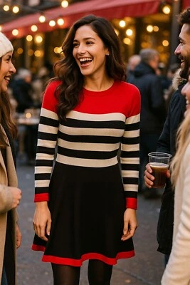 Vestido Andrew Marc New York Pequeño Rojo Negro Tejido a Rayas Mod Renacimiento Estilo Parisino Foto 1 de 4