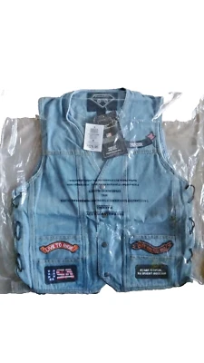 NEW VINTAGE Diamond Plate Medium Biker Vest Blue Denim Eagle Patchwork - Image 1 of 3