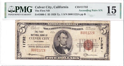 $5 1929 T1 National 🇺🇸 CULVER CITY California CA 🇺🇸 Extremely Rare! 🇺🇸 - Image 1 of 2