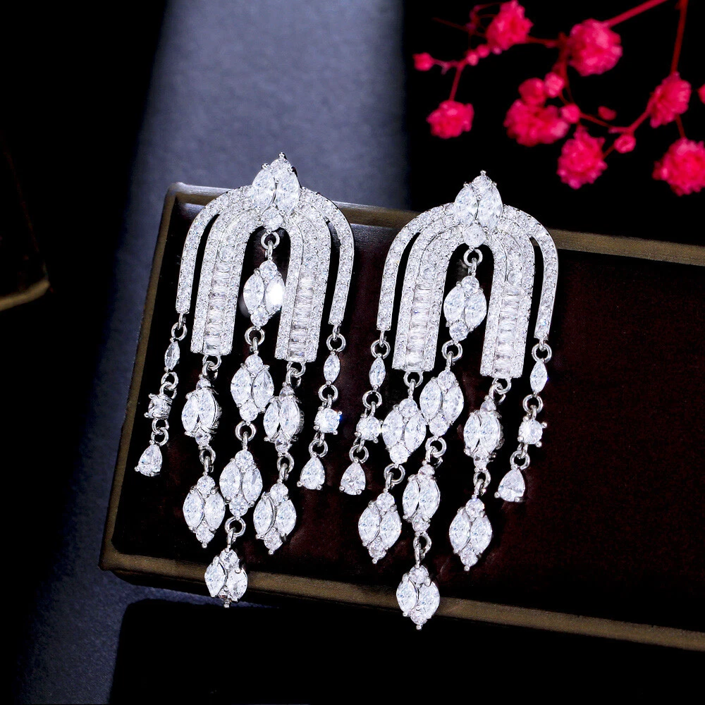 RELOVET Long Tassel Rhinestone Crystal Dangle Earrings & Necklace Set For Women - Silver Wave Choker