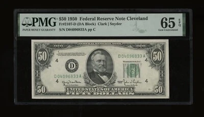 DBR 1950 $50 FRN Cleveland Gem Fr. 2107-D PMG 65 EPQ Serial D04096833A - Image 1 of 2