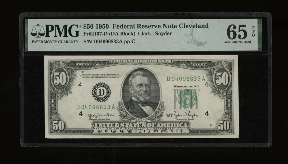 DBR 1950 $50 FRN Cleveland Gem Fr. 2107-D PMG 65 EPQ Serial D04096833A - Image 1 of 2