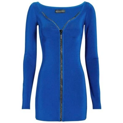 DAVID KOMA Blue Crystal Embellished Zipper Front Long Sleeve NEW XS Mini Dress - Image 1 of 4