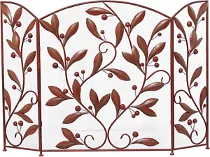 Metal Foldable Mesh Netting 3 Panel Fireplace Screen with Leaf and Vine Relief, - Picture 1 of 9