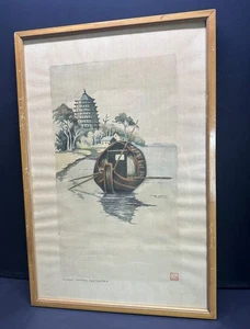 Quadro vintage cinese sampan e pagoda da appendere arte da parete incorniciato timbro 18,5"x12,5" - Foto 1 di 6