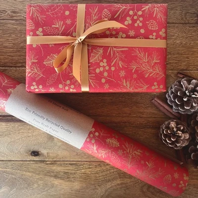 Christmas Wrapping Paper Red & Gold Foliage KRAFT Eco Gift Wrap Sheet Roll - Image 1 of 2