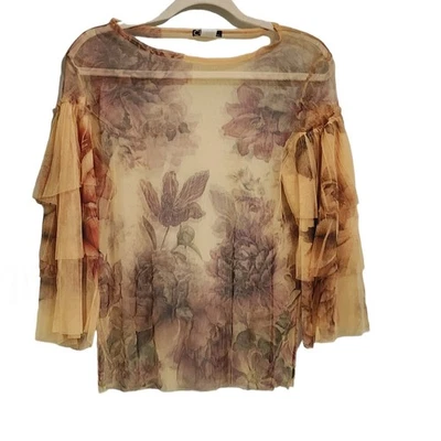 Vintage Cleo Y2K top L yellow floral sheer mesh Romantic forest Fairy Boho - Image 1 of 4