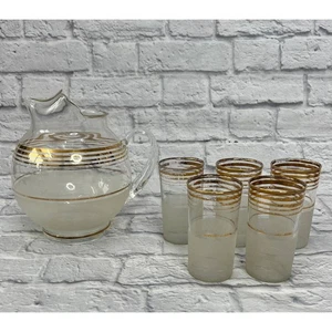 Jarra vintage de mediados de siglo redonda de vidrio a rayas doradas labio de hielo 5 vasos esmerilados - Imagen 1 de 11