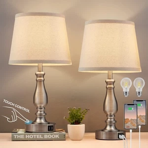 Lamps for Bedrooms Set of 2, Brushed Nickel Bedside Lamps with USB C+A Ports,... - Picture 1 of 9
