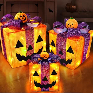 3-Pack Lighted Halloween Pumpkin Decorations w/ 60 LED Lights Battery Operated - Picture 1 of 6