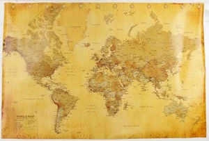 Large Sepia Toned Contemporary World Terrain and Political Map Rolled 36x24 - Picture 1 of 12