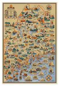 Romance Map of the State of Maine circa 1936 | Vintage Wall Decor 24 x 36 inches - Picture 1 of 9