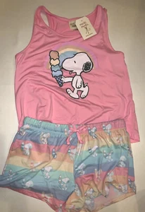 Munki Munki Peanuts Snoopy Tank & Pigiama Corto Set-Rosa Pastello Gelato-Tg. M-L - Foto 1 di 9