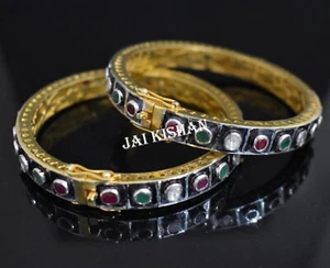 Smaragd Rubin Edelstein 925 Sterlingsilber Polki Diamant Victorian Armreif 1 Pcs - Bild 1 von 10