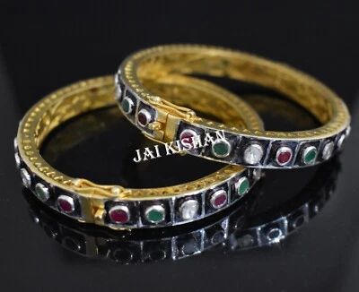 Emerald Ruby Gemstone 925 Sterling Silver Polki Diamond Victorian Bangle 1 Pcs - Image 1 of 4