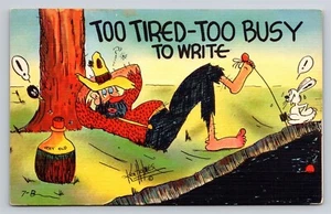 Demasiado cansado demasiado ocupado para escribir hobo jarra de pesca whisky Ken Holmes postal cómica - Imagen 1 de 3