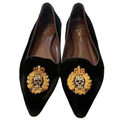 Donald Pliner 签名天鹅绒刺绣乐福鞋黑色金色,9B 码 — 第 1/4 张图片