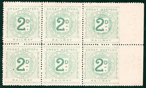 GB GWR Railway Letter Stamp 2d BLOCK OF SIX GREAT WESTERN Mint MM RSB145 - Picture 1 of 6