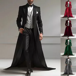 Business Herren Anzüge Perlenstickerei Perlen Smoking Spitzes Revers Cocktail Long Tail Jacken - Bild 1 von 23