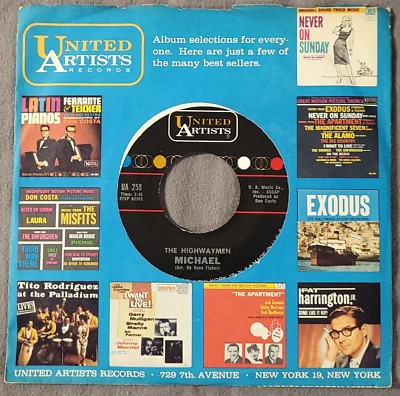 The Highwaymen 45 Michael / Santiano on United Artists M- Folk 1961 Foto 1 de 3