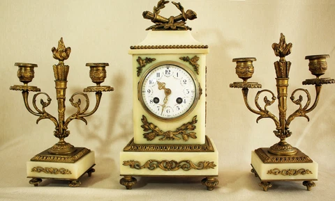 French Clockset Empire White  Marble / Alabaster Bronze Cover