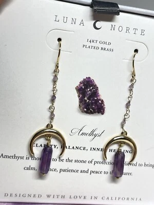 Pendientes colgantes Luna Norte amatista y media luna dorada Foto 1 de 3