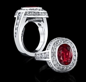 Bezel Set Oval Cut 3.58CT Vivid Red Ruby With Briiliant Cut CZ Halo Wedding Ring - Picture 1 of 2