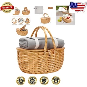 Lightweight Vintage Wicker Picnic Hamper with Insulated Lid and Foldable Handle - Picture 1 of 10