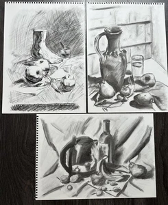 Original Still Life Fruits Jug Charcoal Pencil Drawing Wall Art A3 Job Lot x 3 - Picture 1 of 7