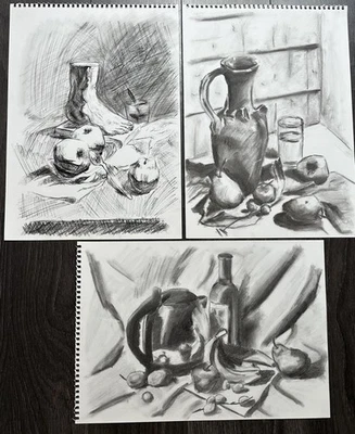 Original Still Life Fruits Jug Charcoal Pencil Drawing Wall Art A3 Job Lot x 3 - Image 1 of 4
