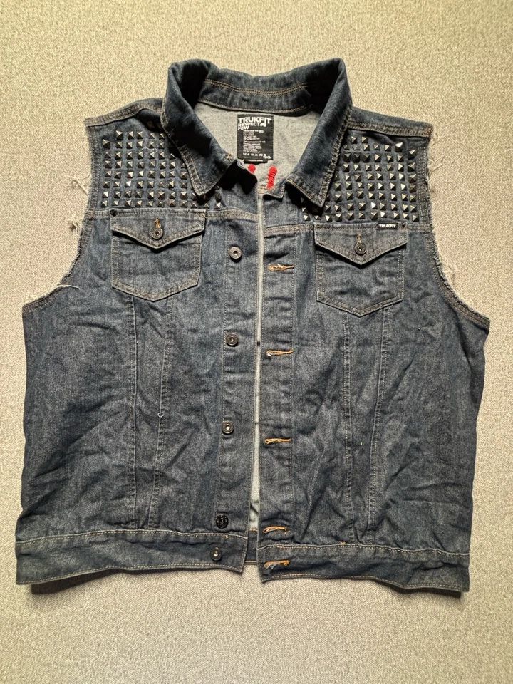 TRUKFIT Men’s 3XL Denim Vest Studded Sleeveless Distressed Punk Skate Streetwear - Image 1 of 4