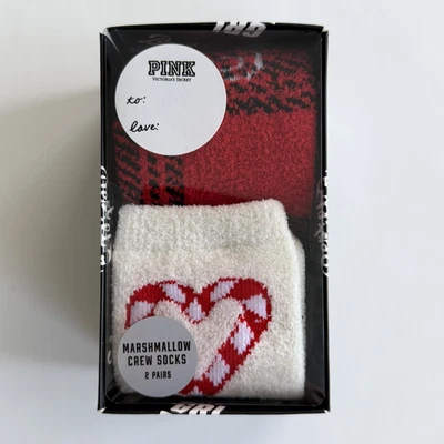 2 PAIRS VICTORIA'S SECRET PINK COSY RED WHITE ULTRASOFT HOLIDAY GIFT SET BOX NEW - Image 1 of 4