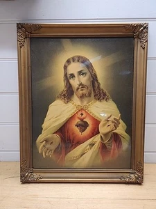 Antique Sacred Heart of Jesus framed Print 59/47cm - Picture 1 of 3