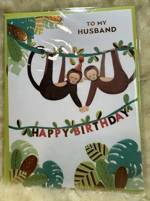 Papyrus Birthday Card HUSBAND Monkeys Party Hat Leaves Wanna Monkey Around?
