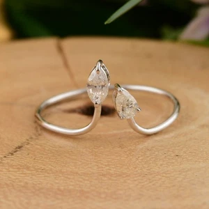 0.28 Ct Natural SI/H Pear Marquise Cut Diamond Cuff Ring 14k White Solid Gold - Picture 1 of 11