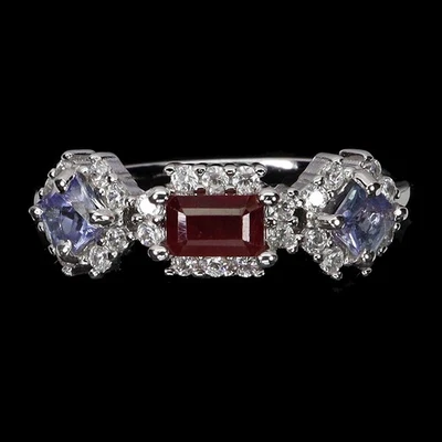 925 Sterling Silver Ring Octagon Ruby 5x3mm Tanzanite Gemstone Jewelry Size 7 - Image 1 of 4