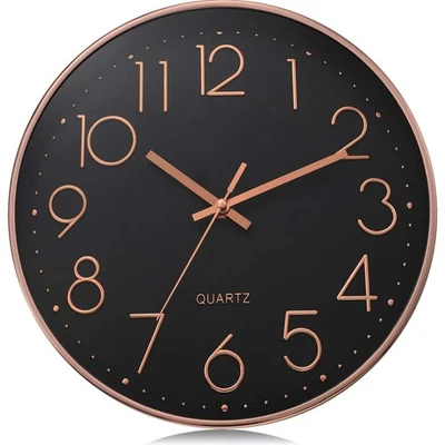 Wall Clock Modern 30cm Black Rose Gold Quiet Quartz 3D Numerals - Image 1 of 2