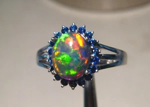 Anillo WeloOpal Negro y Zafiro Azul, Oro Blanco Sólido 14k, 100% Natural - Imagen 1 de 14